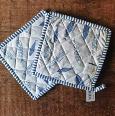 2 x  Maritim Creme Topflappen 20 x 20 cm Clayre&Eef Blau Fische Fisch 