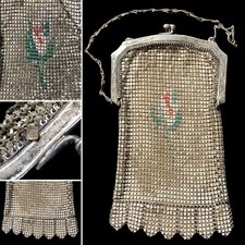 Vintage WHITING DAVIS Floral Art Deco Flapper Enamel Metal Mesh Bag Purse