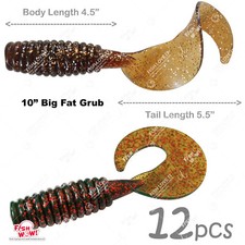 Qty12 Motor Oil Root Beer 10" w/ curly tail extended Scampi Perch Grub Lure 2C
