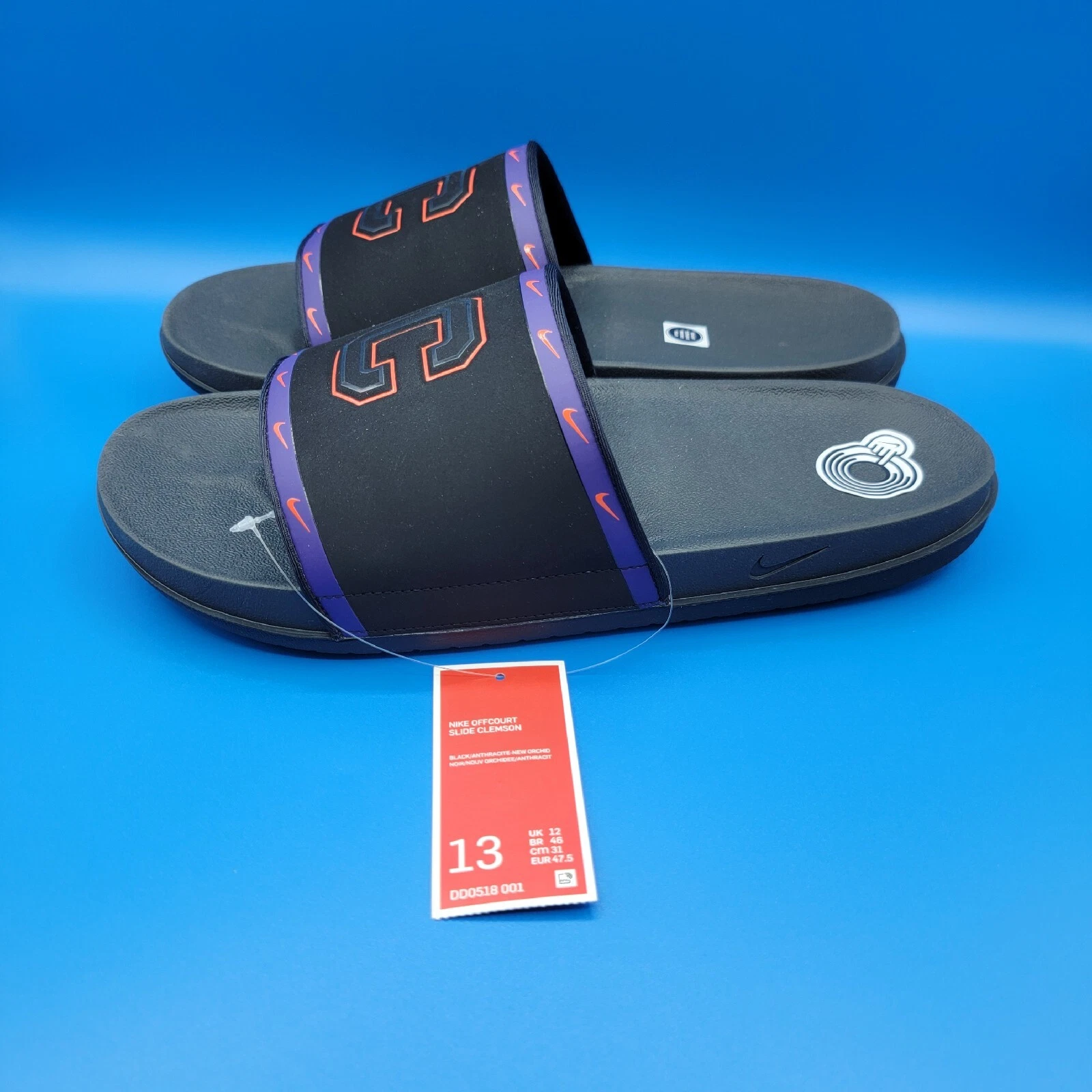 Nike OffCourt Clemson Tigers Slides Uomo Taglia 13 Nero Viola Arancione Revive Foam