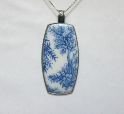 Blue/White Tree Rectangle Unpolished Silvertone Pendant