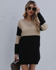 Women's Color Block Sweater Dress Casual Long Sleeve Crew Neck Mini Dresses
