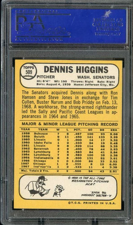 1968 TOPPS #509 DENNIS HIGGINS PSA 10 SENATORS - Image 2 of 2