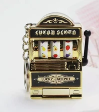1 pcs Miniature Slot Machine  Key Chain it really works Silver Aluminum finish!