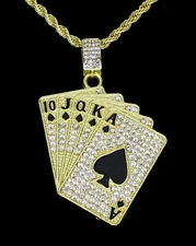 Mens Iced Cz Poker Cards Pendant 14k Gold or Silver Plated 24" Necklace Hip Hop