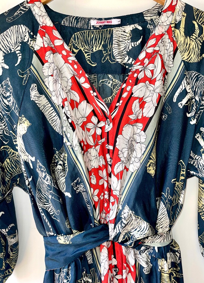 799 JOHNNY WAS Flowy SILK 'ADA' TIGER Dress L eBay