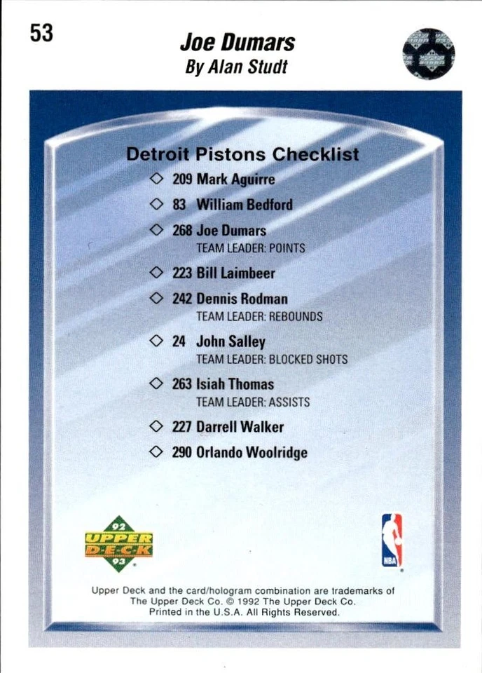 1992-93 Upper Deck #53 Joe Dumars - Image 2 of 2