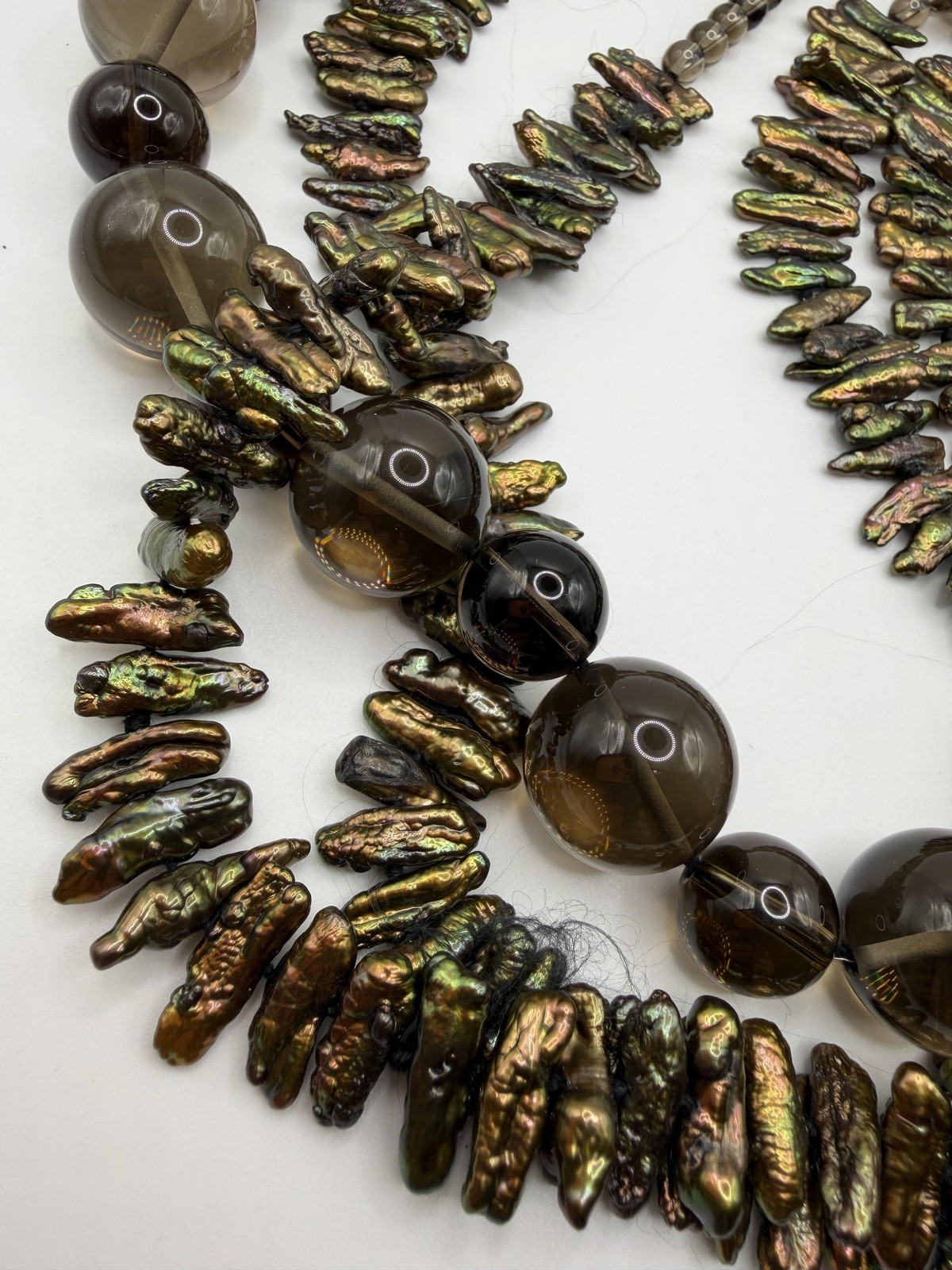 BROWN SHELL GLASS BEADED BIB STATEMENT NECKLACE W… - image 4