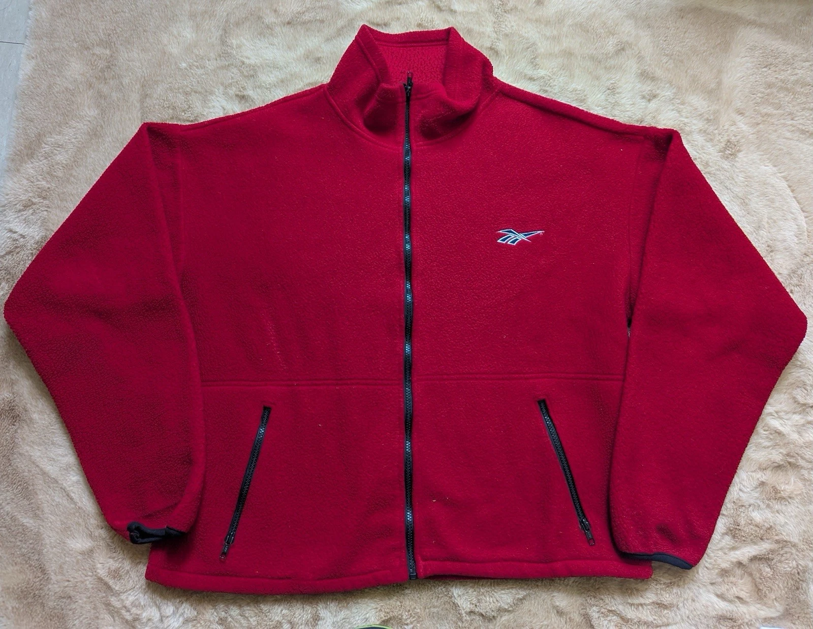 Reebok Mens SIze L Red Fleece Full Zip Jacket Coat High Neck Pockets Made In USA