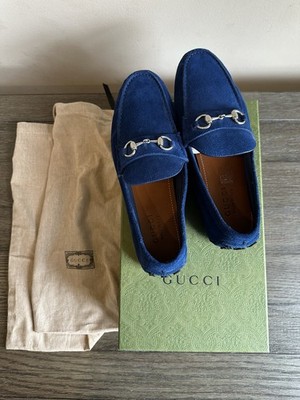 GUCCI blue suede men drivers shoes with silver horsebit Brand New 9.5 (G9.0)