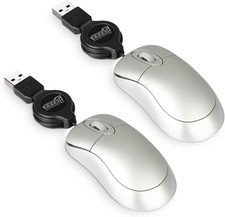 2 Pack Mini Retractable Cable USB Optical Mouse, Silver, Unisex