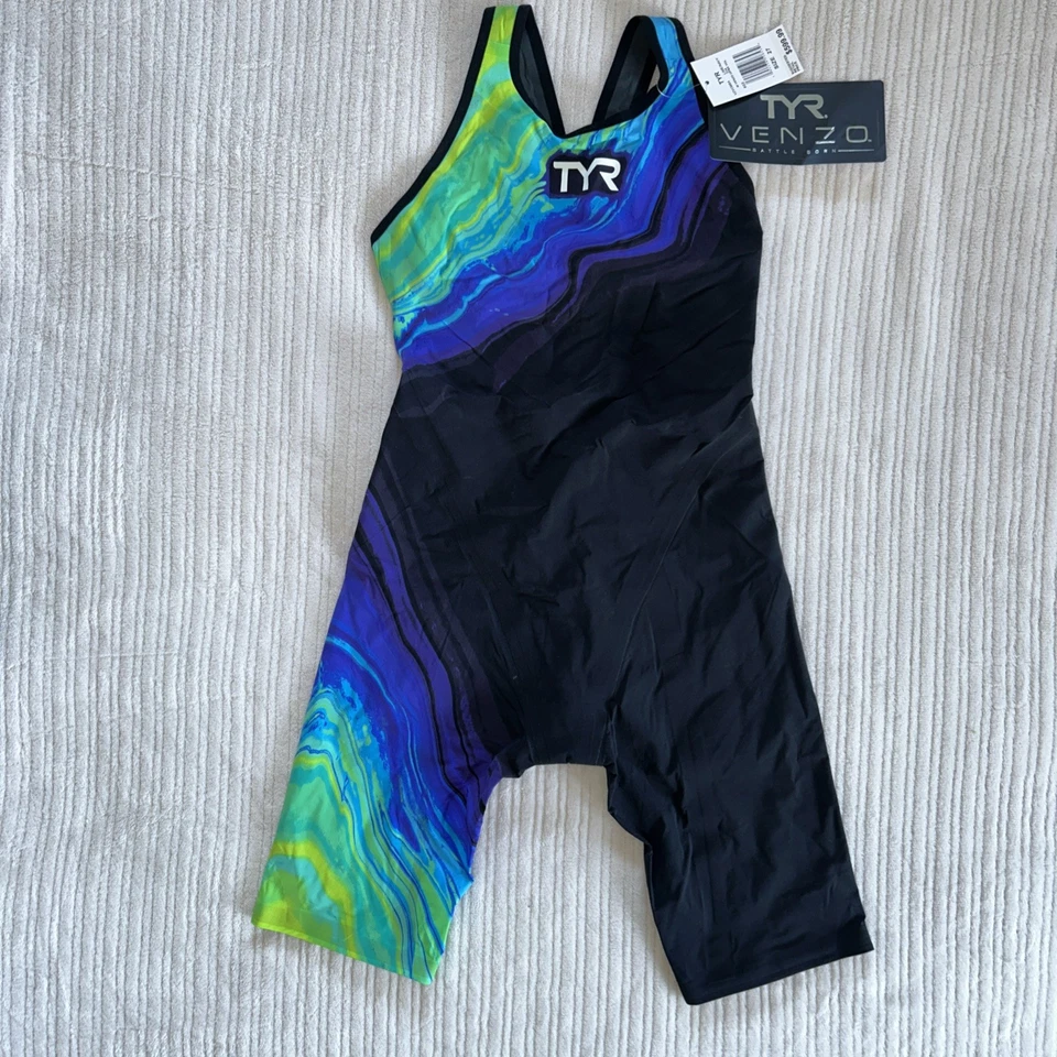 TYR Mujer Venzo Volconyx Espalda Abierta Rodilla - Natación - Lima/Azul Marino - Talla 27 Nuevo* - Imagen 2 de 4