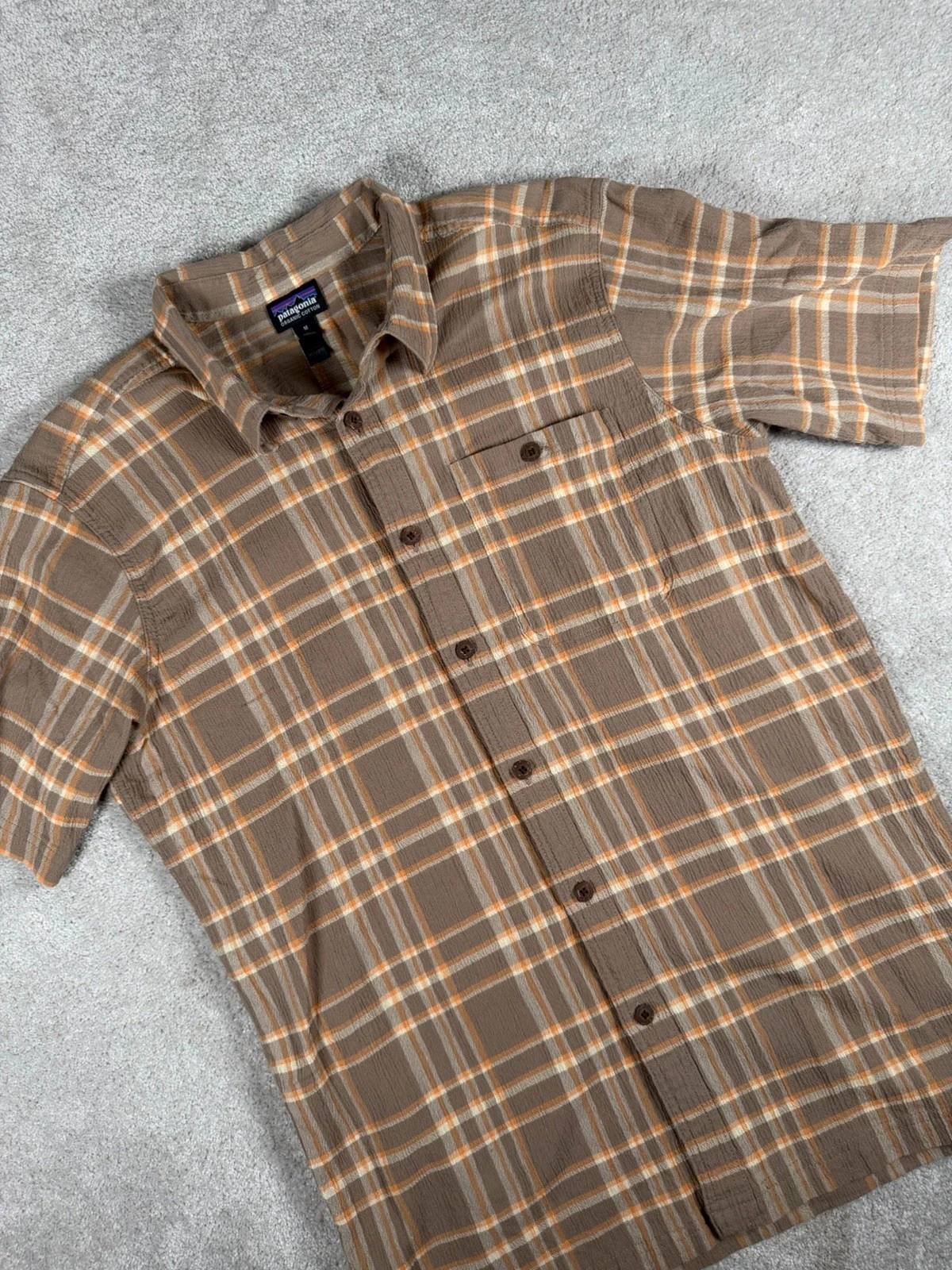 Patagonia Shirt Men Medium Brown Plaid A/C Crinkle Organic Cotton Hiking Outdoor