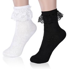 2pairs White Ruffle Socks for Women Turn-Cuff Lace Frilly Ankle Comfortable C...