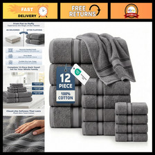 Premium 100 Cotton Bath Towel Set of 12 - Soft, Absorbent, Zero Twist - Grey
