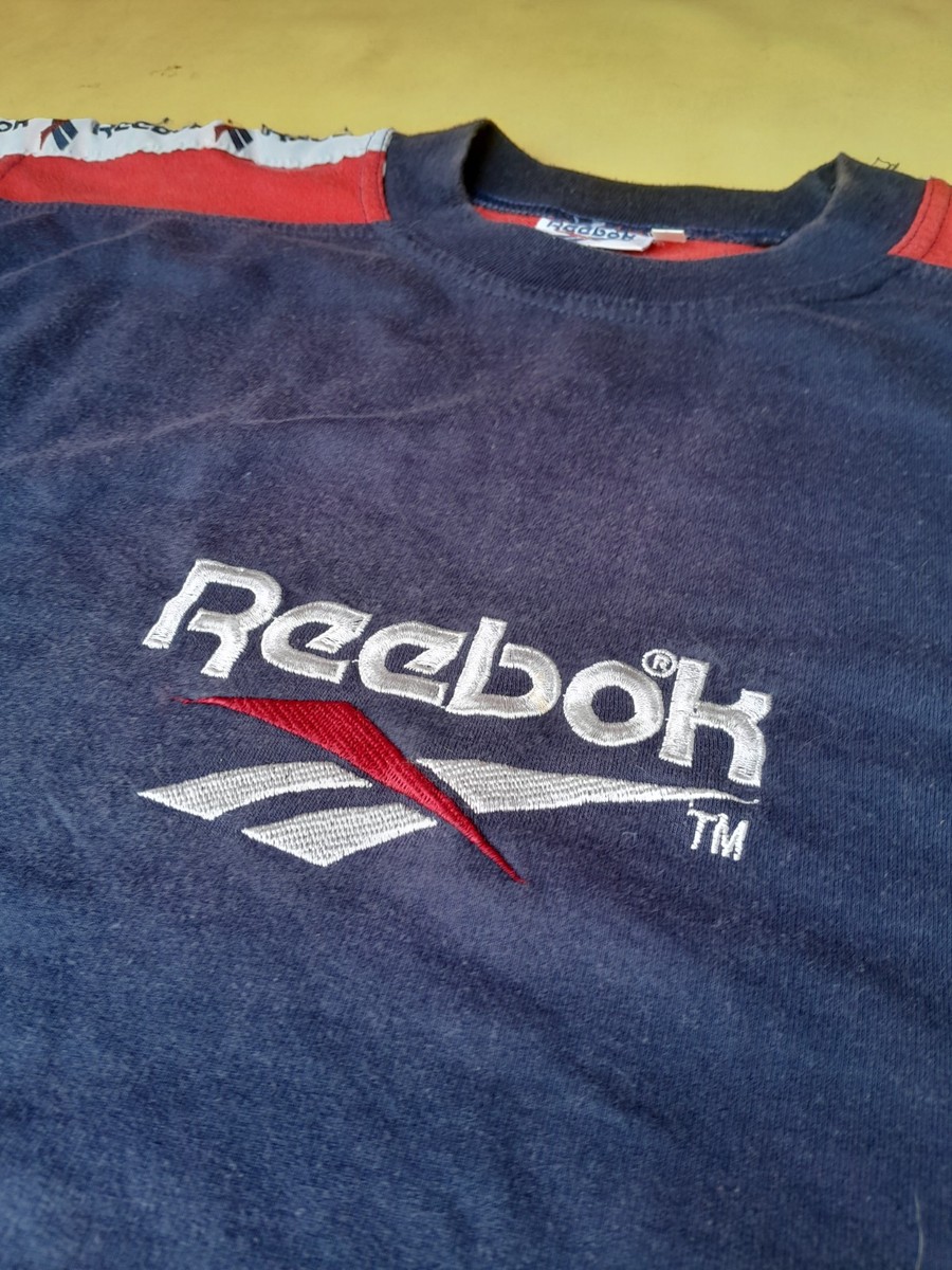 Vintage 90s Reebok Shirt Mens L Navy Blue Red Embroidered Vector