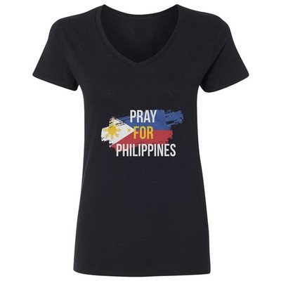 Pray For Philippines Flag Graphic Support Ladies' V-Neck Tshirt
