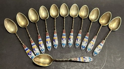 Antique Set of 12 Gorham Enameled Sterling Silver Spoons (361)