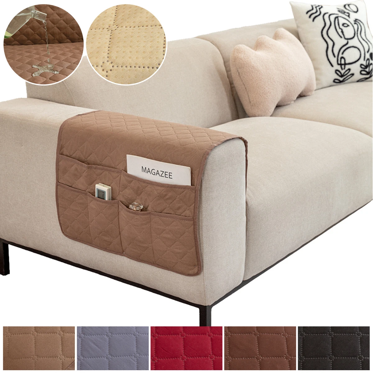 1Pc Waterproof Quilted Sofa Couch Arm Cover Recliner Arm Slipcover Side Pocket