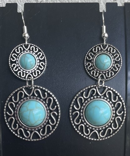 Turquoise Stone Dangle Drop Earrings .925 Sterling Silver Stamped Ear Hooks - Picture 3 of 6