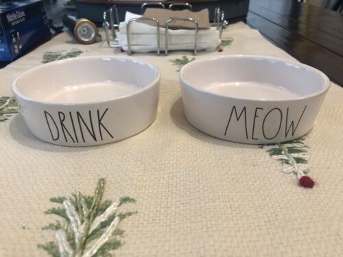 RAE DUNN Cat Pet Bowls Dishes MEOW DRINK Set By Magenta Ivory w Black Letters