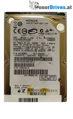 Hitachi  HTS545025B9A300 - 0A70352 - 250 GB - SATA - 220 0A90161 01 Rev.*