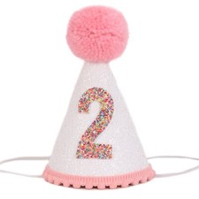 Birthday Hat for Girls - Glitter Birthday Hat with Pink Pom Topper Birthday D...
