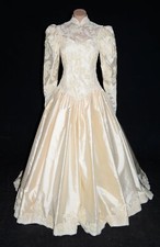 Unbranded Vintage 80s Ivory High Neck Alencon Lace Victorian Wedding Dress sz 4