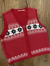 Vtg Red Simple Ugly Christmas Sweater Vest With Snowflakes L XL Zip Front