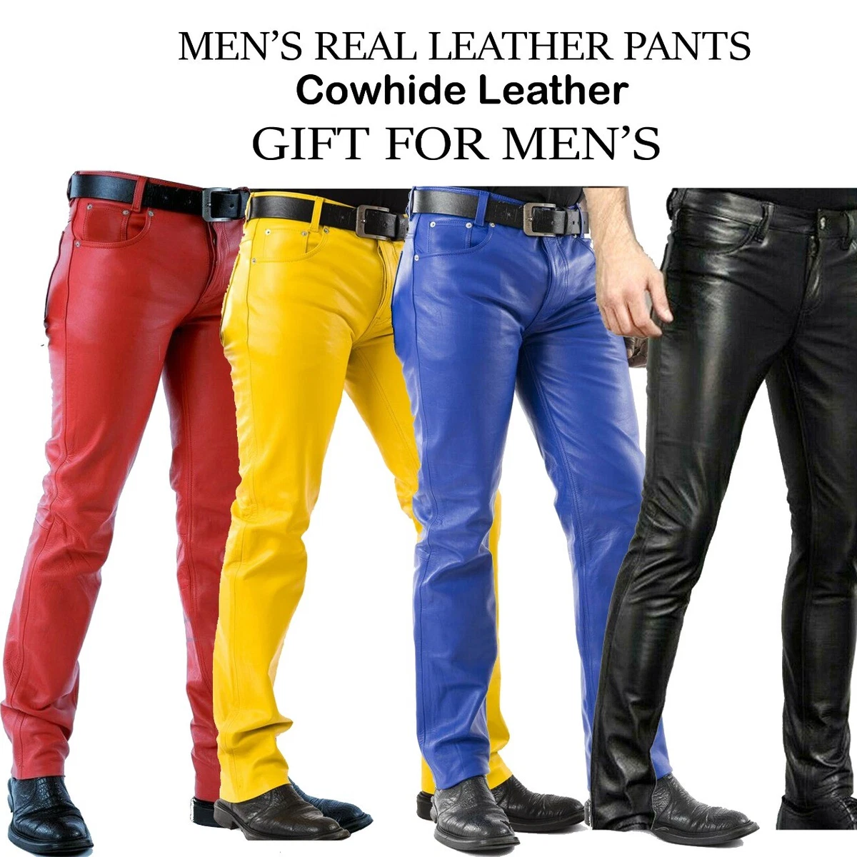 Men's Slim Fit Genuine Leather Pants Casual Tight Trousers Biker Pants Cow  hide