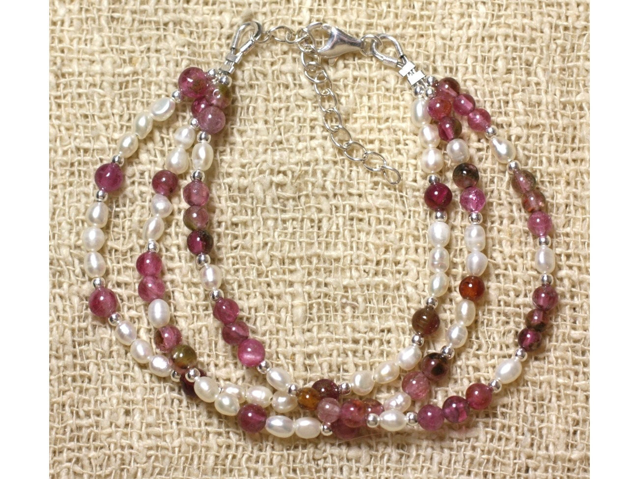 Bracelet Tourmaline Rose pour Style Bohème Chic, Perles Blanches Argent 925
