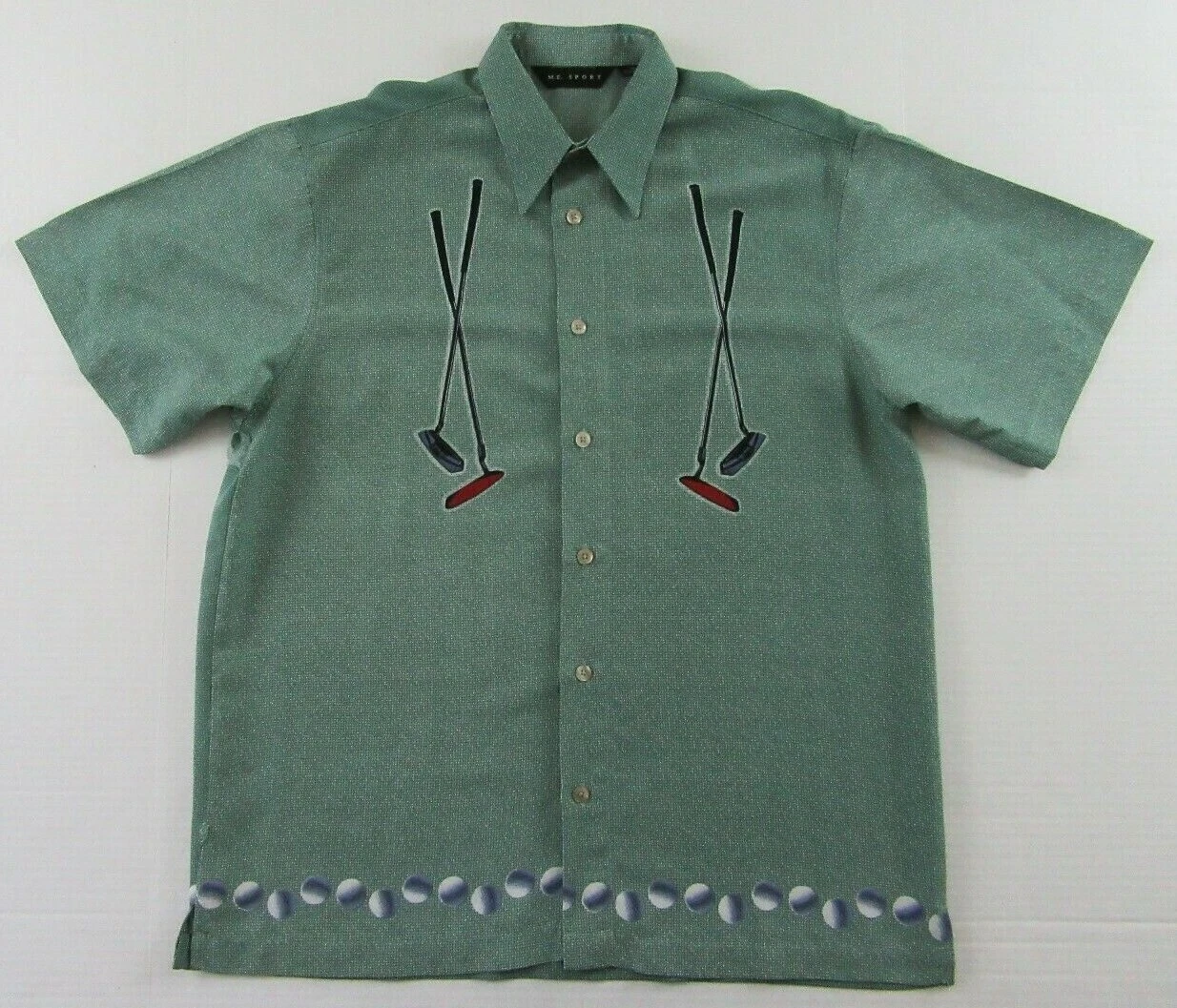 M.E. SPORT Golfing Golf Clubs Golf Ball Theme Green SS Buttonfront Shirt Size M