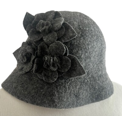 Badgley Mischka Grey Wool Blend Cloche Hat Felt Flowers One Size Bucket Flapper Ladies Badgley Mischka Black Wool Designer | Mercari main image 2