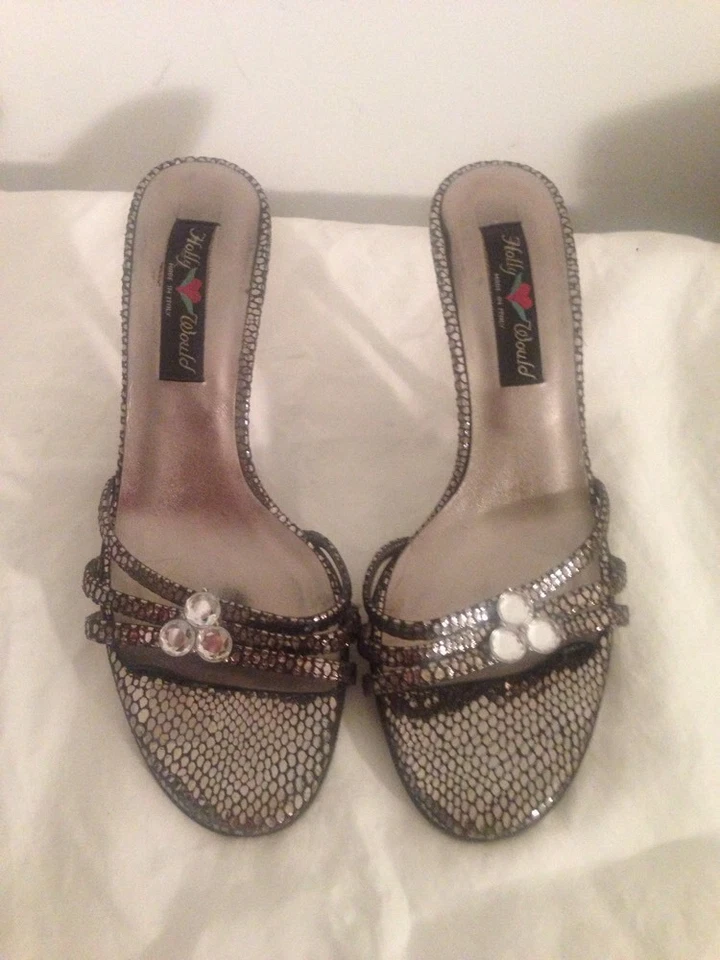 Hollywould Metallic/Black Speckled Slip On Strappy Sandals 4" Heels Sz 8.5 EUC  - Image 2 of 4