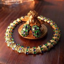 Vintage Green Blue Cabochon Necklace Earrings Set Gold Tone Statement Jewelry