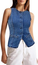 Womens Button Down Denim Vest Tops Sleeveless Fitted Jean Tank Tops Sum