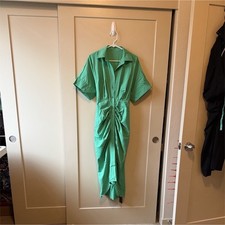 Siciluca Green Ruched Tie Midi Shirt Dress Short Sleeve Collared Size S