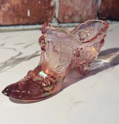 Vintage/Collectable FENTON Art Glass Cranberry/Pink Cabbage Rose Print Slipper