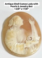 Antique Shell Cameo Lady With Pearls & Jewelry Box 1 3/8” X 1 7/8”