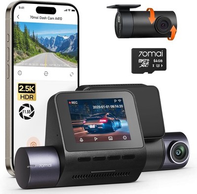 70mai Dash Cam Front and Rear A410, 2.5K+1080P Dual Dash Camera with HDR