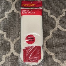 Vtg 80's Nelson Men s Thermal Insulated Tube Socks Mid Calf 9-15 Large White Red