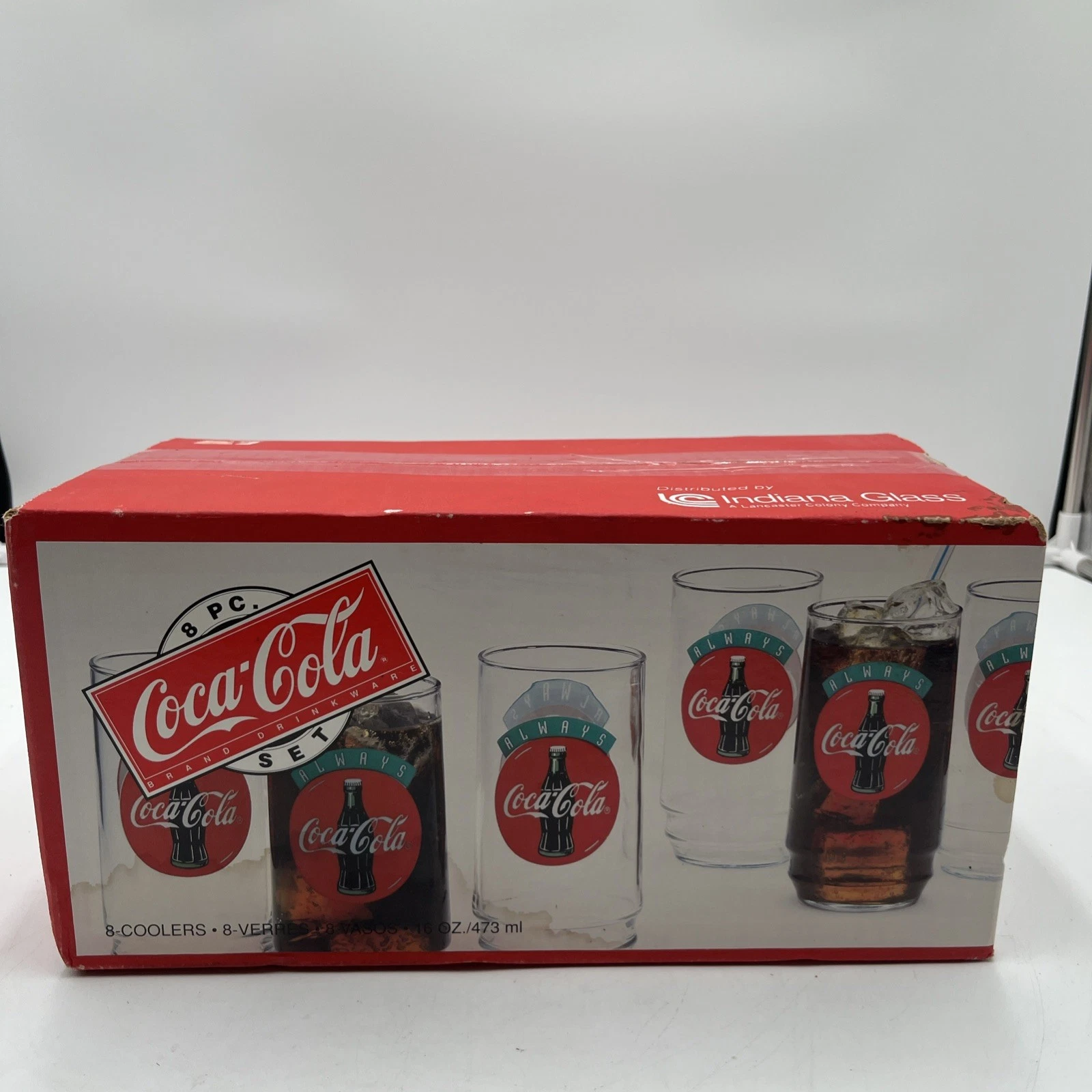 Coca-Cola "Always Coca-Cola" Set of 8 - 16oz "Cooler" Glasses 1992 New In Box