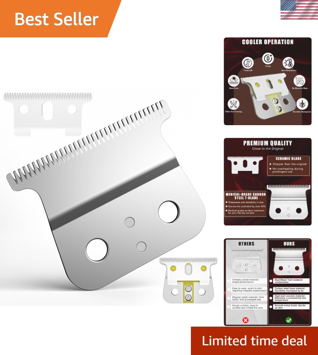 Professional T-Blade Replacement for Andis T-Outliner - Silver Steel, Zero-Ga...