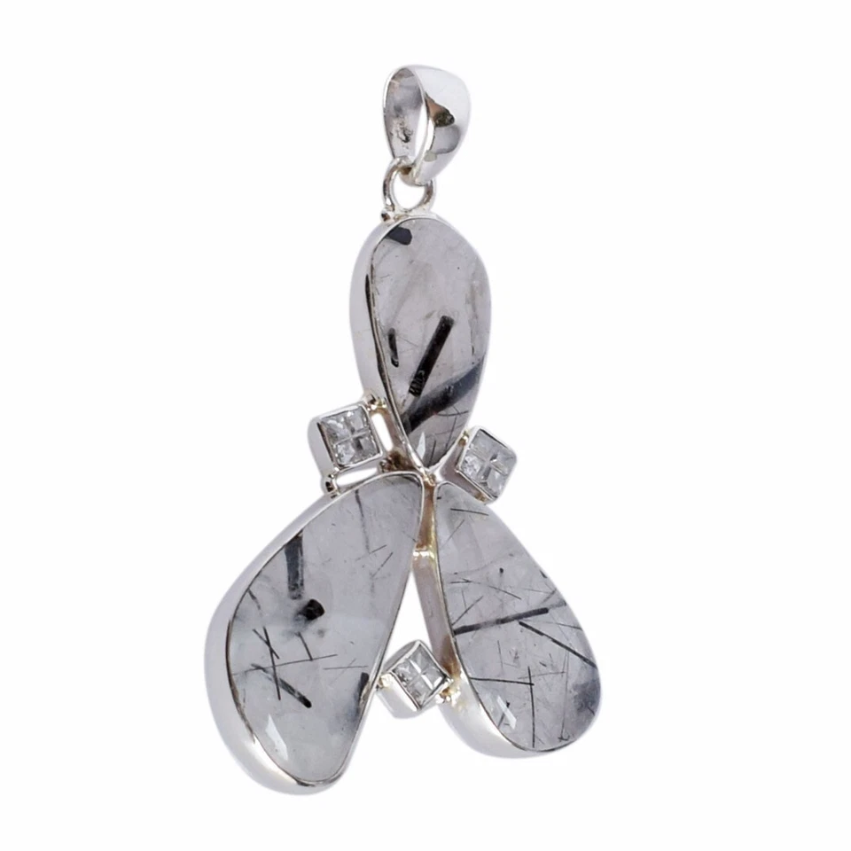 Pietra preziosa quarzo rutilato nero argento sterling 925 ciondolo gioielli... - Immagine 2 di 4