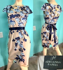  159 ADRIANNA PAPELL Beige/Navy  Lt Blue Embroidered Flowers Sheath Dress 4