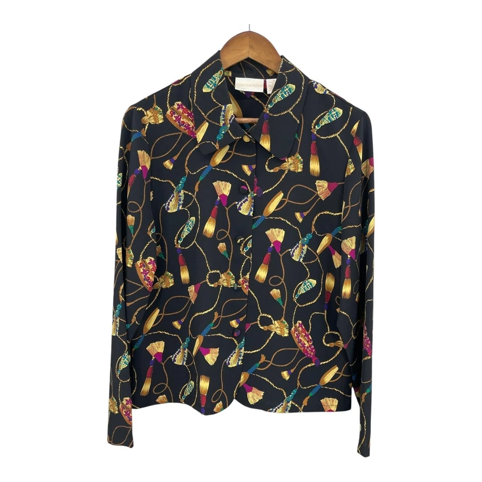 Camisa preppy vintage Christie & Jill para mujer años 90 borla dinero antiguo blusa talla 12 Foto 3 de 4