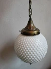 Vintage MCM Swag Ceiling Light Fixture Hobnail Milk Glass & Brass 26"diameter