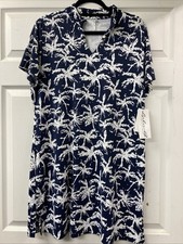 Lulu B XL V Neck Collared Short Sleeve Dress In Navy And White Palm Trees Upf50
