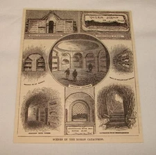 1885 magazine engraving ~ SCENES IN THE ROMAN CATACOMBS, Italy