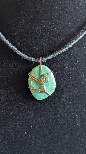 *SALE* Handmade Copper And Brass Wrapped Turquoise Pendant W/Leather Necklace - Picture 2 of 4